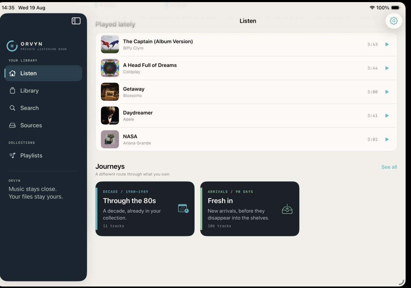 ORVYN library showing recent tracks and Journeys